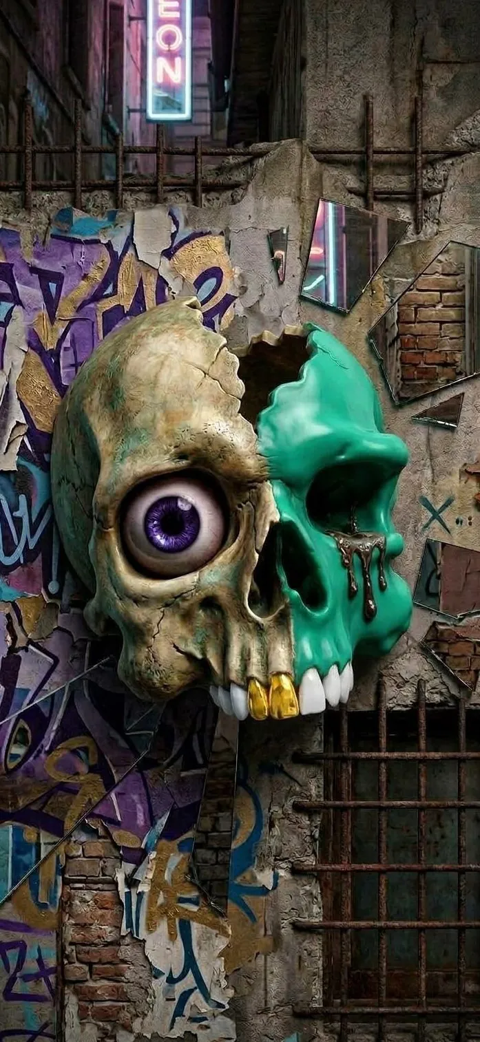 Forma finita: teschio diviso in un vicolo con graffiti