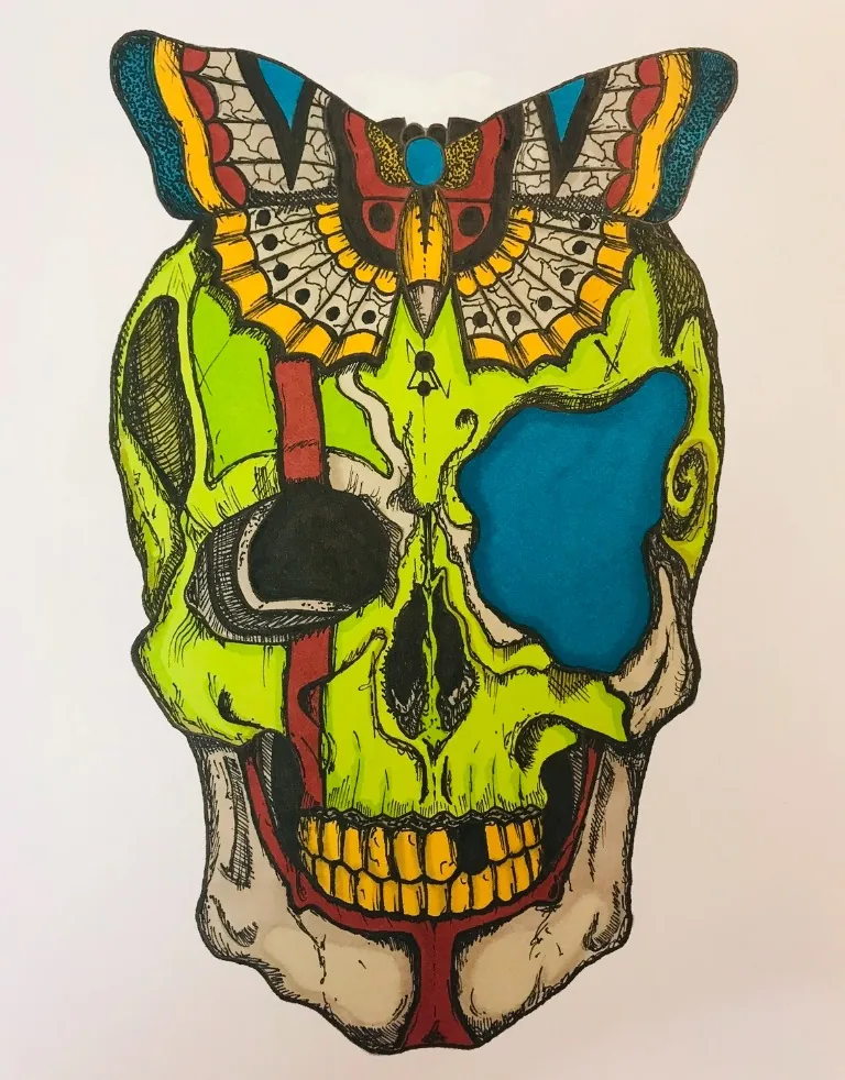 Teschio disegnato in colori forti con farfalla