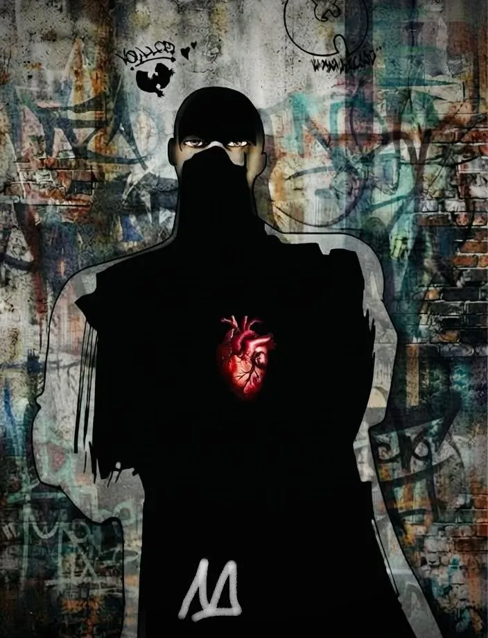 Maschera nera con cuore rosso e sfondo urbano, digital print